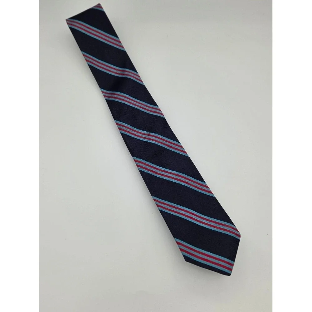 Vintage J Crew Mens Skinny Silk Tie Navy Blue‎ Red Regimental Stripe Slim 2.5